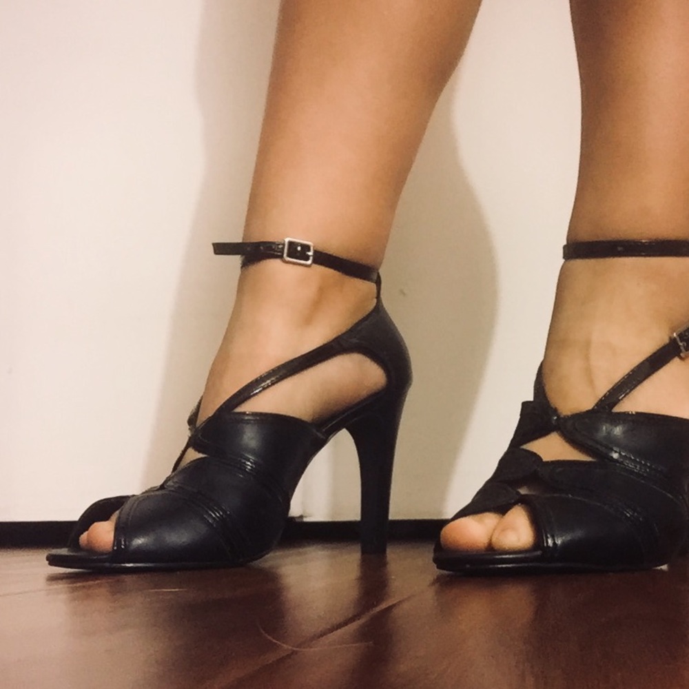 BCBGeneration Double Strap Black Leather Heels